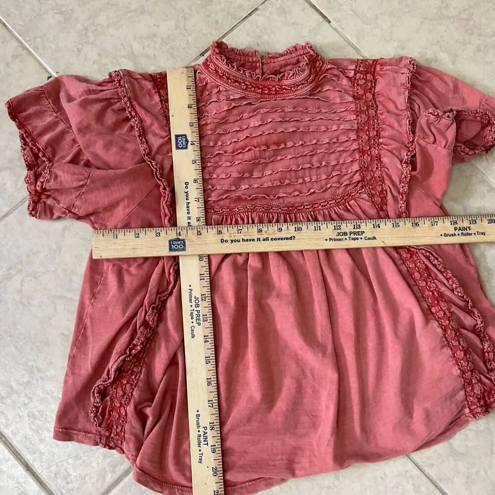 Free People Le Femme Top Babydoll XS Sun washed red ruffle BOHO Peasant blouse